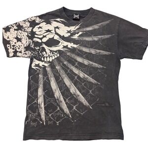 Vintage Tapout Skull Tee Faded Black Distressed Y2K MMA Affliction Style